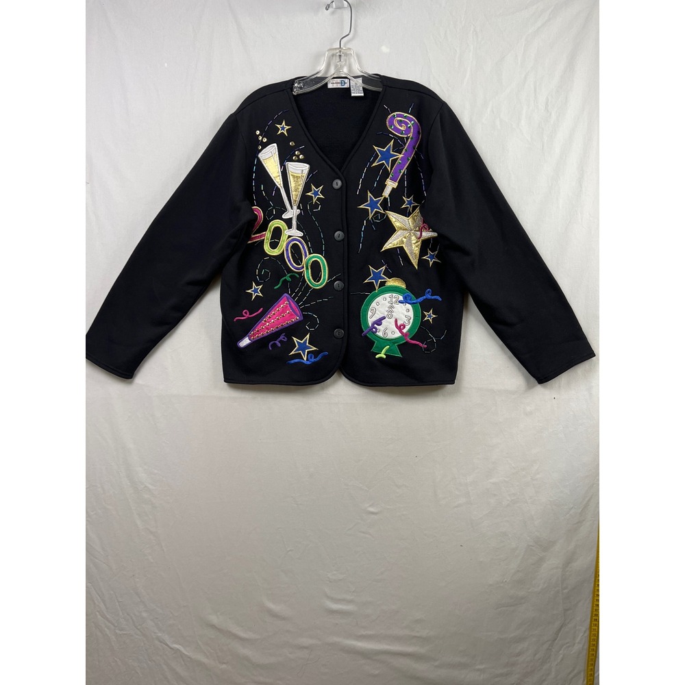 Paul Harris Design Cardigan Women M Y2K New Years Eve 2000 Embroidered Novelty